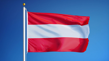 Austria flag waving against clean blue sky, close up, isolated with clipping mask alpha channel transparency, perfect for film, news, digital composition