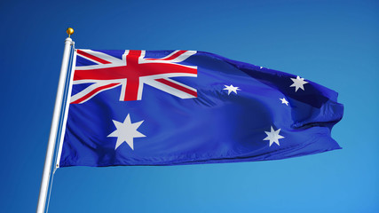 Australia flag waving against clean blue sky, close up, isolated with clipping mask alpha channel transparency, perfect for film, news, digital composition