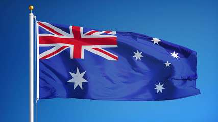 Australia flag waving against clean blue sky, close up, isolated with clipping mask alpha channel...