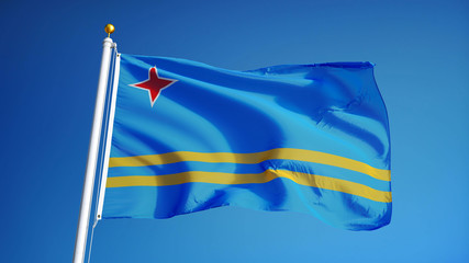 Aruba flag waving against clean blue sky, close up, isolated with clipping mask alpha channel transparency, perfect for film, news, digital composition