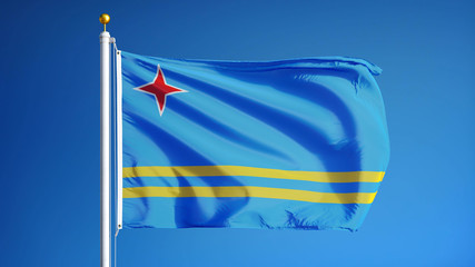 Aruba flag waving against clean blue sky, close up, isolated with clipping mask alpha channel transparency, perfect for film, news, digital composition