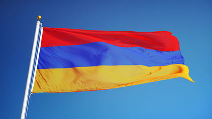 Armenia flag waving against clean blue sky, close up, isolated with clipping mask alpha channel transparency, perfect for film, news, digital composition