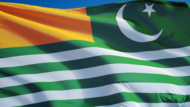 Azad Kashmir flag waving against clean blue sky, close up, isolated with clipping mask alpha channel transparency, perfect for film, news, digital composition