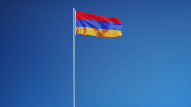 Armenia flag waving against clean blue sky, long shot, isolated with clipping mask alpha channel transparency, perfect for film, news, digital composition