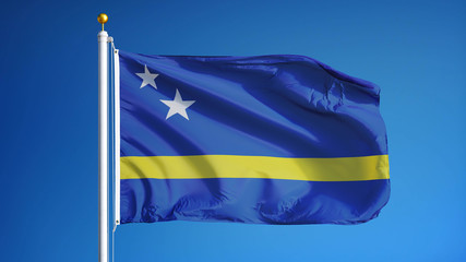Curacao flag waving against clean blue sky, close up, isolated with clipping mask alpha channel transparency, perfect for film, news, digital composition