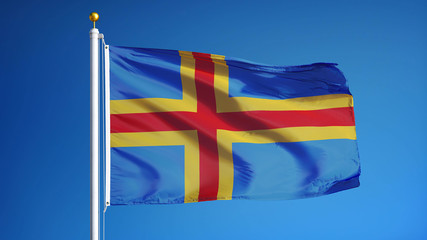 Aland Islands flag waving against clean blue sky, close up, isolated with clipping mask alpha channel transparency, perfect for film, news digital composition