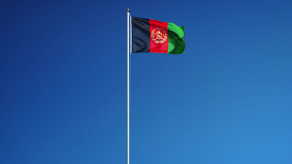 Afghanistan flag waving against clean blue sky, long shot, isolated with clipping mask alpha channel transparency, perfect for film, news, digital composition