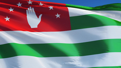 Abkhazia flag waving against clean blue sky, close up, isolated with clipping mask alpha channel transparency, perfect for film, news, digital composition