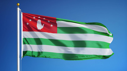 Abkhazia flag waving against clean blue sky, close up, isolated with clipping mask alpha channel transparency, perfect for film, news, digital composition