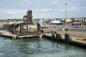 Poole Harbour Dorset UK - The linkspan and docking ramp for cross channel ferries to load and...