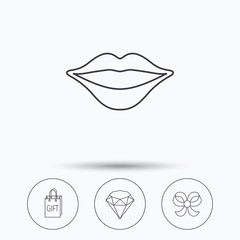 Lips kiss, brilliant and gift icons.