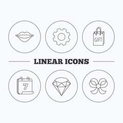 Lips kiss, brilliant and gift icons.