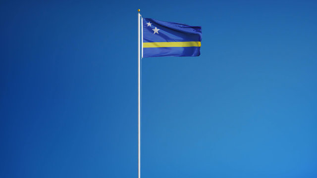 Curacao flag waving against clean blue sky, close up, isolated with clipping mask alpha channel transparency, perfect for film, news, digital composition