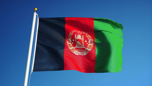 Afghanistan flag waving against clean blue sky, close up, isolated with clipping mask alpha channel transparency, perfect for film, news, digital composition