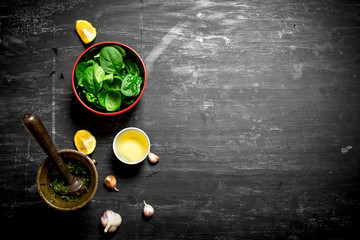 Fresh ingredients for Italian pesto.