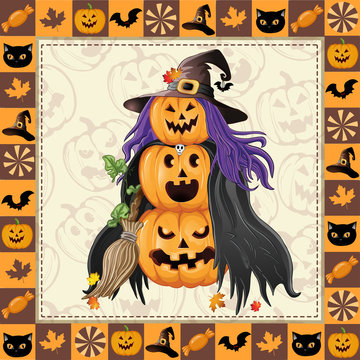 Happy Halloween frame with witch pumpkin