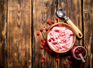 Ice cream and jam made from wild raspberries.