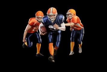 Strong american football players in action on black background