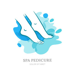 Womens feet on water splash background. Vector logo, label, emblem design elements. Abstract design concept for beauty salon, spa pedicure, cosmetic, organic care. Isolated illustration.