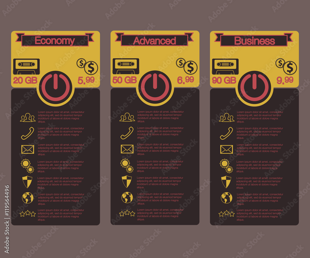 Poster pricing table in tariff design style for websites, cloud storage. vintage style. vector image.