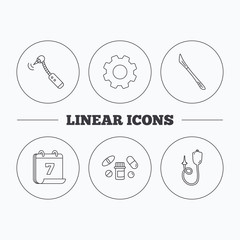Scalpel, pills and drilling tool icons.