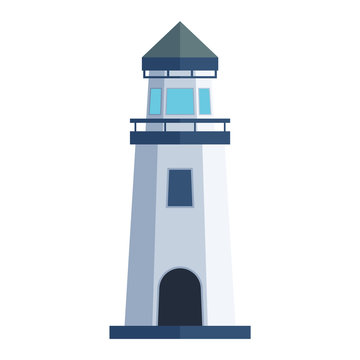 Vector cartoon flat lighthouse. Searchlight tower for maritime navigation guidance. Ocean beacon light vector tower lighthouse. Travel lighthouse water sailing signal navigation symbol.