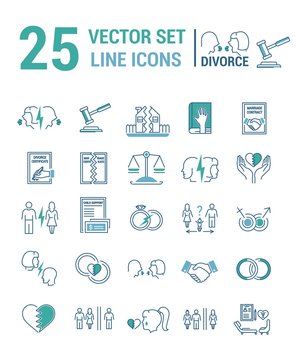 Vector set of icons in a linear design on the subject of divorce