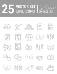 Fototapeta na wymiar Vector set of icons in a linear design on the subject of divorce