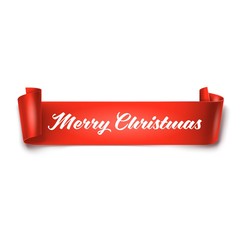 Merry Christmas inscription on red detailed curved ribbon