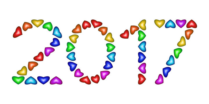 Numbers of new year 2017 made from multicolored hearts