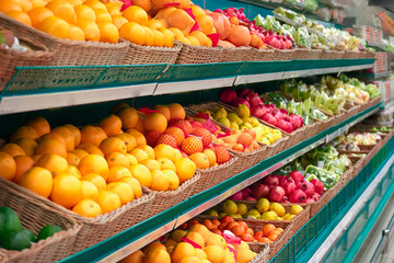Shelves with fruits of the store