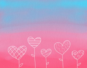 Fototapeta na wymiar Cute heart plants on watercolor pink and blue pastel background 