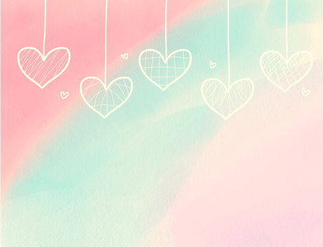 Cute heart hanging on watercolor pink , purple and blue pastel background 