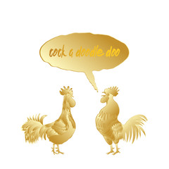 Cock a doodle doo calligraphy writing in speech bubble. Hipster design with roosters. Hand drawing morning roosters birds on white background.