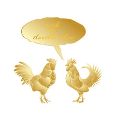 Cock a doodle doo calligraphy writing in speech bubble. Hipster design with roosters. Hand drawing morning roosters birds on white background.