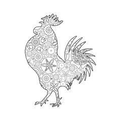 Rooster or cock, chicken, farm  bird for adult coloring page. Adults anti stress coloring book  design. Vector bird made of circle flowers. Chinese traditional 2017 new year decorative zodiac. 