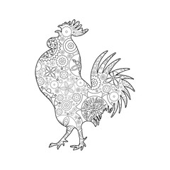 Rooster or cock, chicken, farm  bird for adult coloring page. Adults anti stress coloring book  design. Vector bird made of circle flowers. Chinese traditional 2017 new year decorative zodiac. 