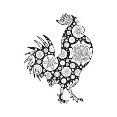Rooster or cock, chicken, farm  bird for adult coloring page. Adults anti stress coloring book  design. Vector bird made of circle flowers. Chinese traditional 2017 new year decorative zodiac. 
