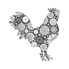 Rooster or cock, chicken, farm  bird for adult coloring page. Adults anti stress coloring book  design. Vector bird made of circle flowers. Chinese traditional 2017 new year decorative zodiac. 