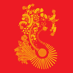 Highly decorative rooster made of floral elements on red. Chinese traditional 2017 new year decorative zodiac. Symbol of Chinese new year zodiac design. Fiery bird rooster made of flowers patterned.