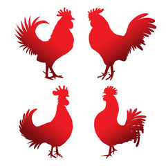 Set of roosters in different directions and poses. Hand drawing of red cocks. Collection of detailed quality farm birds. Bundle of zodiac symbols for Chinese New year 2017.  