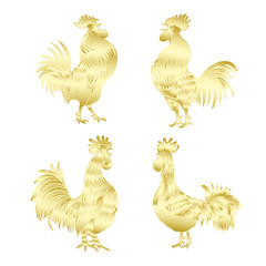 Set of Chinese 2017 new year of the Rooster symbols. Gold metallic roosters collection. Hand drawing bird with gradients. Chinese calendar Zodiac. Rooster golden silhouette bundle.