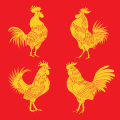 Set of roosters as animals zodiac symbols for Chinese New year 2017. Hand drawing collection of cocks design elements for Chinese New year cards. Chinese Year of the Rooster zodiac emblem bundle.