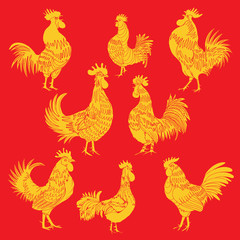 Set of roosters as animals zodiac symbols for Chinese New year 2017. Hand drawing collection of cocks design elements for Chinese New year cards. Chinese Year of the Rooster zodiac emblem bundle.