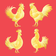 Golden rooster set on red background. Chinese calendar Zodiac. 2017 New Year of rooster collection. Roosters gold silhouette. Hand drawing of rooster. Chinese traditional calligraphy brushes bundle. 