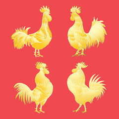 Golden rooster set on red background. Chinese calendar Zodiac. 2017 New Year of rooster collection. Roosters gold silhouette. Hand drawing of rooster. Chinese traditional calligraphy brushes bundle. 