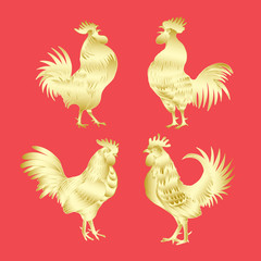 Golden rooster set on red background. Chinese calendar Zodiac. 2017 New Year of rooster collection. Roosters gold silhouette. Hand drawing of rooster. Chinese traditional calligraphy brushes bundle. 