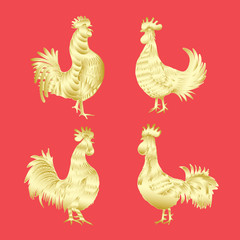 Golden rooster set on red background. Chinese calendar Zodiac. 2017 New Year of rooster collection. Roosters gold silhouette. Hand drawing of rooster. Chinese traditional calligraphy brushes bundle. 