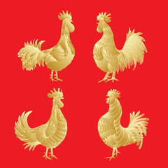 Golden rooster set on red background. Chinese calendar Zodiac. 2017 New Year of rooster collection. Roosters gold silhouette. Hand drawing of rooster. Chinese traditional calligraphy brushes bundle. 