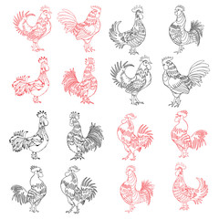 Hand drawing roosters isolated on white. 2017 Chinese Year of the Rooster zodiac emblems. Set of roosters, cocks, Chinese zodiac illustration collection. Logo, emblem, symbol designs bundle. 
